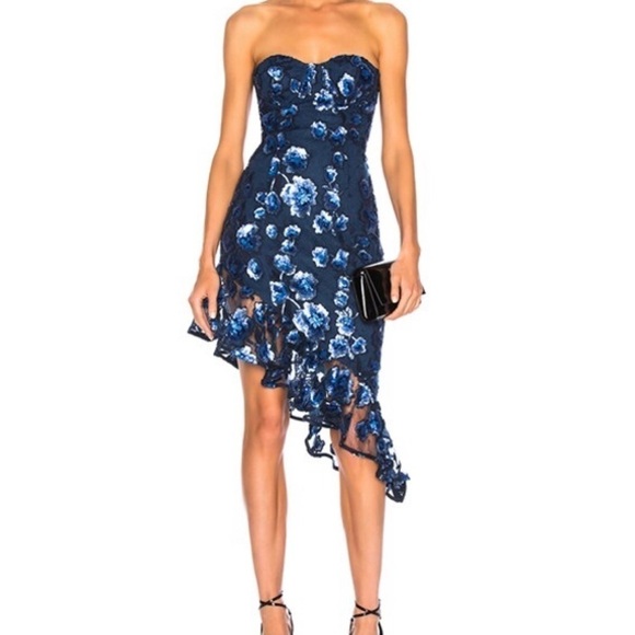 Atoir The Answer Dress Navy Riviera Sequin Floral Strapless Blue Cocktail